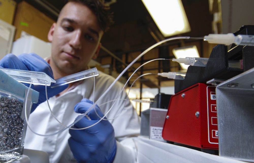 a UIC student in bioengineering at work in the Microfabricated Tissue Models (MTM) Lab