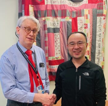 Robert Molokie of Division of Hematology and Oncology at UI Health and Richard and Loan Hill Department of Biomedical Engineering Assistant Professor and member of the Center for Bioinformatics and Quantitative Biology Zhangli Peng shake hands in front of a quilt made by a sickle cell patient. 