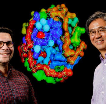 Assistant Professor Kostas Chronis (L) of the Department of Biochemistry and Molecular Genetics and Richard and Loan Hill Professor Jie Liang of the Department of Biomedical Engineering.
                  