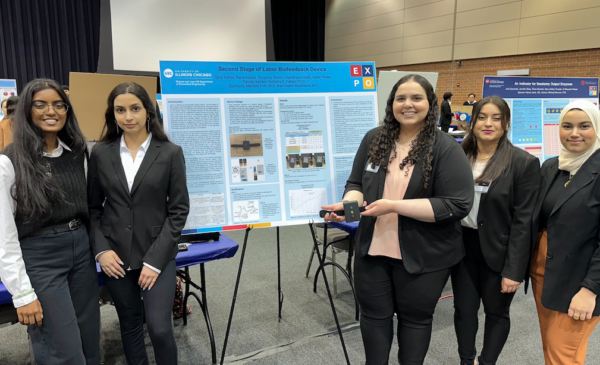 University of Illinois Chicago College of Engineering's BME seniors Sara Kishta, Chandhana Voleti, Karen Rivas, Tamanna Dhore, and Rana Abbed's Second Stage of Labor Biofeedback Device during the 2023 Engineering Expo, April 21, 2023.
