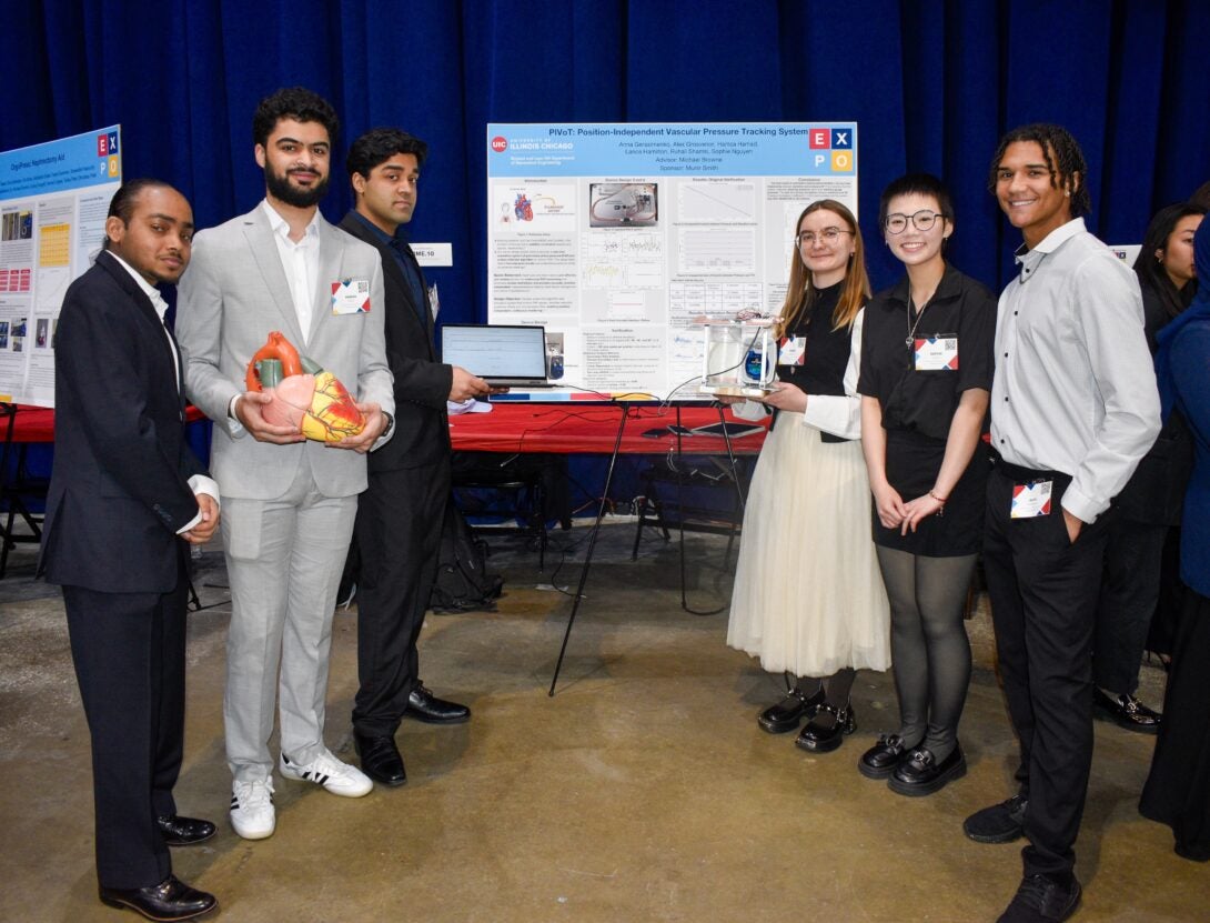 University of Illinois Chicago College of Engineering BME.10 (from left to right) Lance Hamilton, Hamza Hamad, Ruhail Shamsi, Anna Gerasimenko, Sophie Nguyen, and Alex Grosvenor show off their senior design project at the 2025 Engineering Expo.