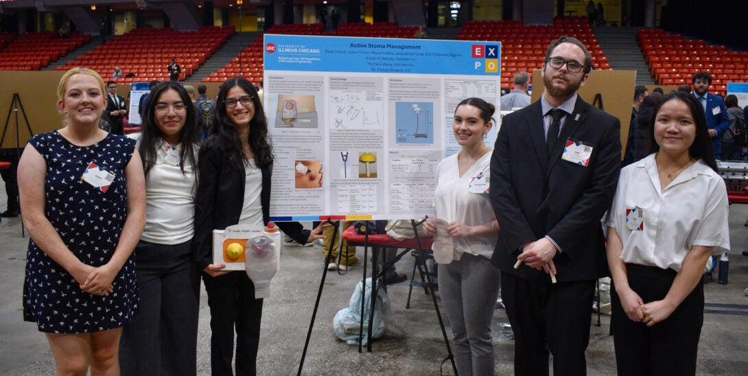 University of Illinois Chicago College of Engineering BME seniors (from left to right) Jaden Turner, Mayra Andreu, Siwar Hamdi, Jacqueline Flores, Erik Dzikowski, and Nga Ho show off their prototype